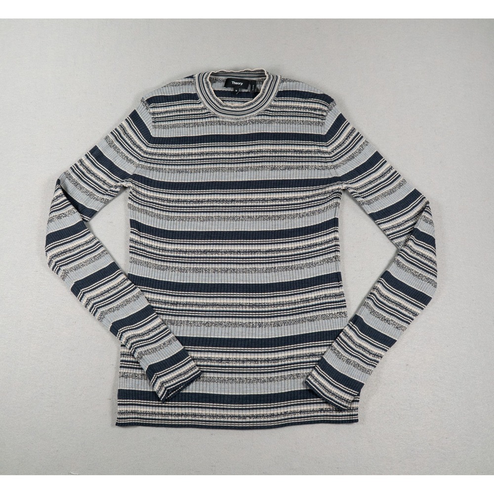 Theory Womens Top Stripe Rib PO Washable Silk Mock Neck Navy Blue Size M